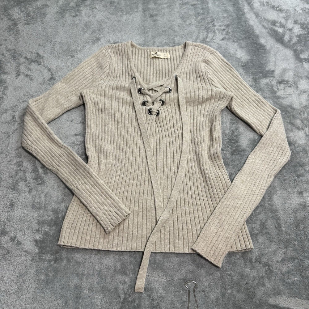 VTG Y2K Hollister Tie Front Ribbed Longsleeve Top Size XS Indie Western Casual - Picture 1 of 8